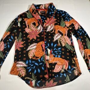 Room Service Tiger and Flower Button Up Top Size S Loungewear Casual Exotic Boho